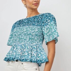 Rails Rosie Smocked‎ Blouse Striped Floral Green Blue XS